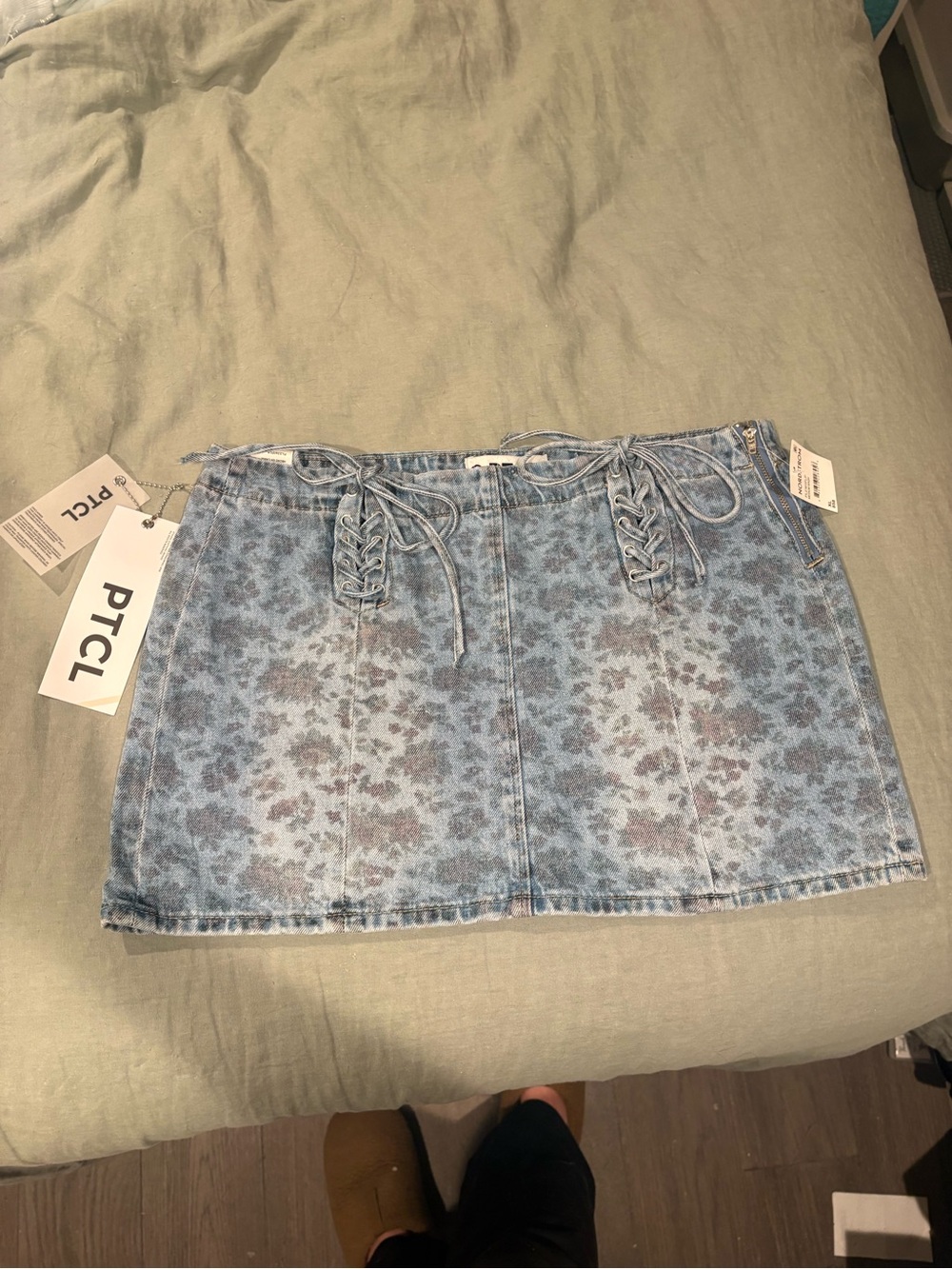 PTCL Blue Floral Lace-Up Denim Mini Skirt